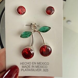 Sterling Silver 925 Cherry Earrings & Pendant Set Red and Green Stones Brand New